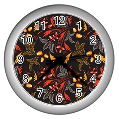 Folk Floral Pattern  Abstract Flowers Surface Design  Seamless Pattern Wall Clock (silver) by Eskimos