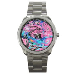 Marbling Abstract Sport Metal Watch by kaleidomarblingart