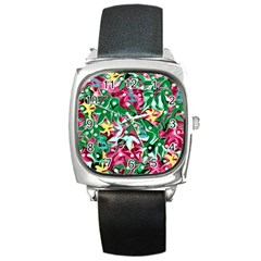 Floral-diamonte Square Metal Watch