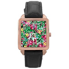 Floral-diamonte Rose Gold Leather Watch 