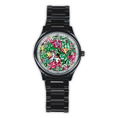 Floral-diamonte Stainless Steel Round Watch