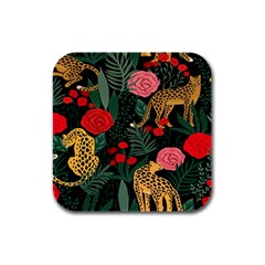 Leopardrose Rubber Square Coaster (4 Pack)  by PollyParadise