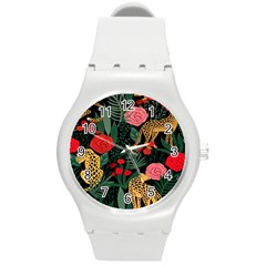 Leopardrose Round Plastic Sport Watch (m) by PollyParadise