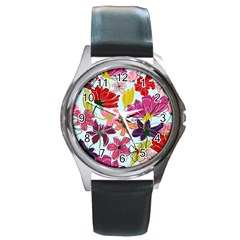 Flower Pattern Round Metal Watch