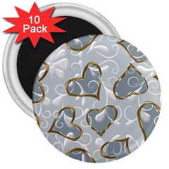   Gold Hearts On A Blue Background 3  Magnets (10 Pack)  by Galinka