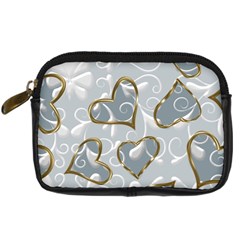   Gold Hearts On A Blue Background Digital Camera Leather Case by Galinka