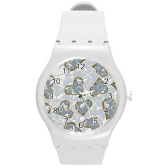   Gold Hearts On A Blue Background Round Plastic Sport Watch (m) by Galinka