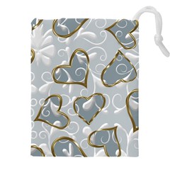   Gold Hearts On A Blue Background Drawstring Pouch (5xl) by Galinka