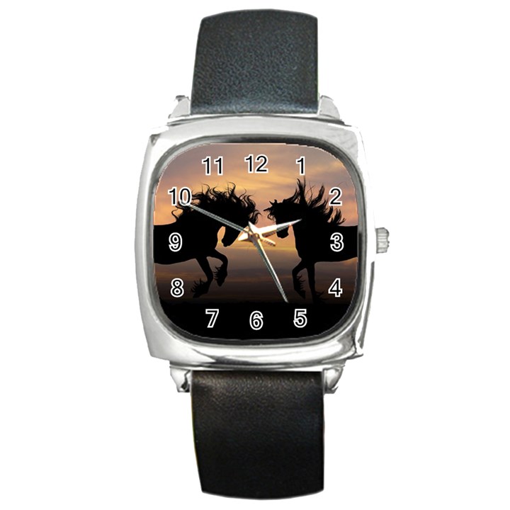 Evening Horses Square Metal Watch