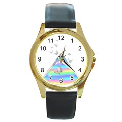 Minimal Holographic Butterflies Round Gold Metal Watch by gloriasanchez