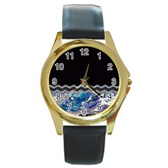 Blue Ocean Minimal Liquid Painting Round Gold Metal Watch by gloriasanchez