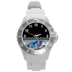 Blue Ocean Minimal Liquid Painting Round Plastic Sport Watch (l) by gloriasanchez