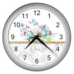 Minimal Gold Floral Marble Wall Clock (silver) by gloriasanchez