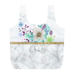 Minimal Gold Floral Marble Full Print Recycle Bag (l) by gloriasanchez