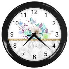 Minimal Gold Floral Marble Wall Clock (black) by gloriasanchez