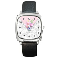 Minimal Pink Floral Marble A Square Metal Watch