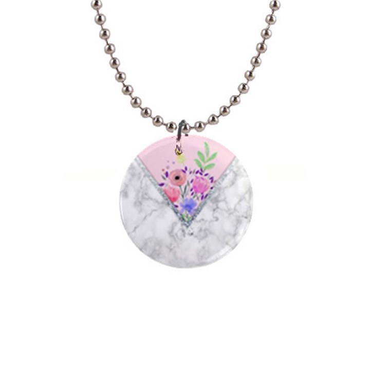 Minimal Pink Floral Marble A 1  Button Necklace