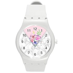 Minimal Pink Floral Marble A Round Plastic Sport Watch (m) by gloriasanchez