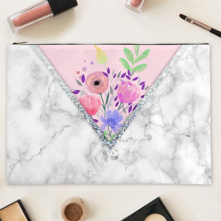 Minimal Pink Floral Marble A Cosmetic Bag (XXL)