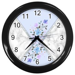 Minimal Silver Blue Marble Bouquet A Wall Clock (black) by gloriasanchez