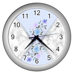 Minimal Silver Blue Marble Bouquet A Wall Clock (silver) by gloriasanchez