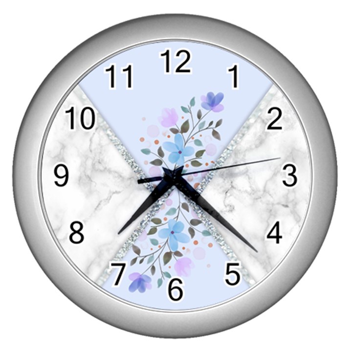 Minimal Silver Blue Marble Bouquet A Wall Clock (Silver)