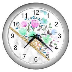 Minimal Green Gold Floral Marble A Wall Clock (silver) by gloriasanchez