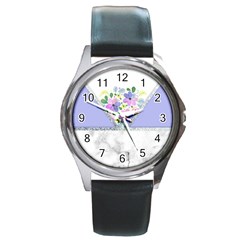 Minimal Purble Floral Marble A Round Metal Watch