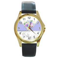 Minimal Purble Floral Marble A Round Gold Metal Watch