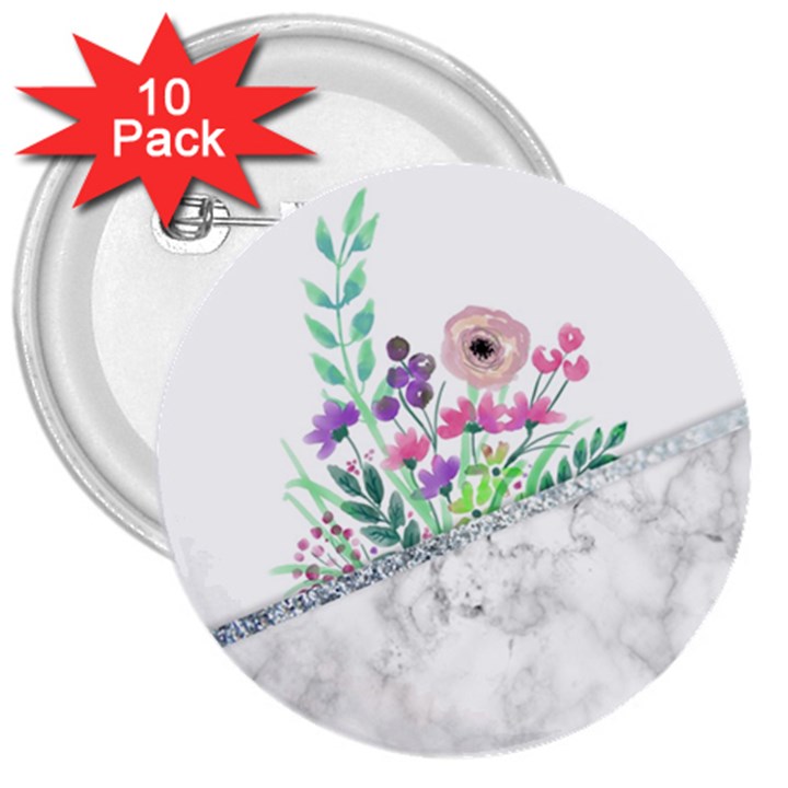 Minimal Silver Floral Marble A 3  Buttons (10 pack) 