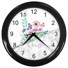 Minimal Silver Floral Marble A Wall Clock (black) by gloriasanchez