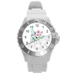 Minimal Silver Floral Marble A Round Plastic Sport Watch (L)