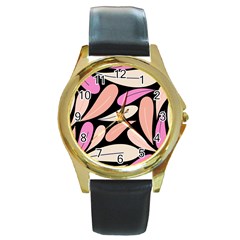 Pattern Feuilles Rose Peche Jaune Round Gold Metal Watch by alllovelyideas