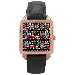 Drawing Collage Black Rose Gold Leather Watch 