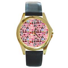 Drawing Collage Pink Round Gold Metal Watch