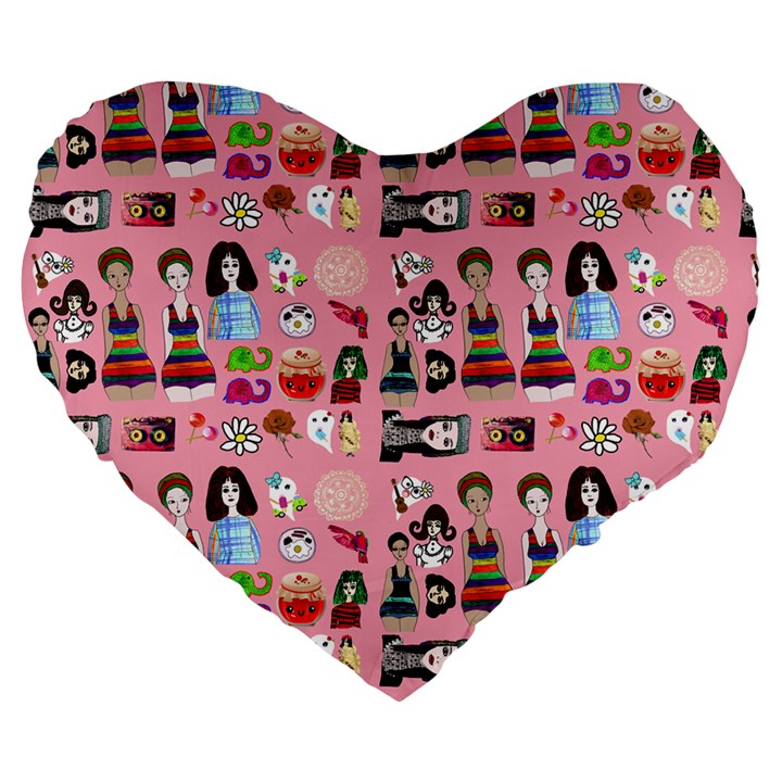 Drawing Collage Pink Large 19  Premium Flano Heart Shape Cushions