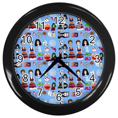 Drawing Collage Blue Wall Clock (black)