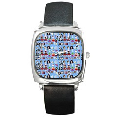 Drawing Collage Blue Square Metal Watch by snowwhitegirl