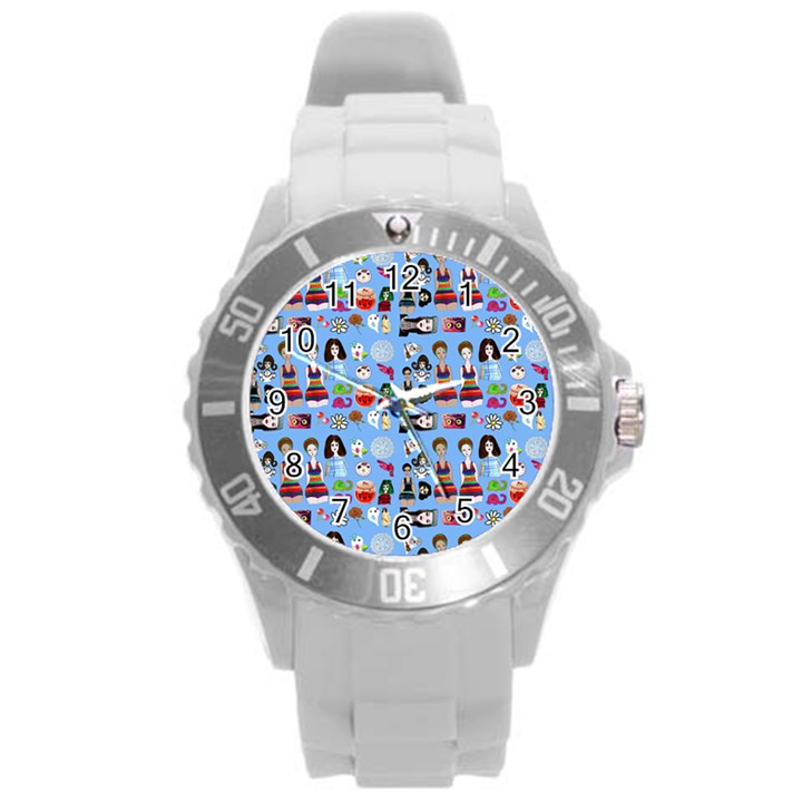 Drawing Collage Blue Round Plastic Sport Watch (L)