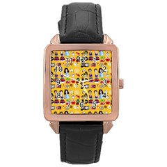 Drawing Collage Yellow Rose Gold Leather Watch 