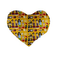 Drawing Collage Yellow Standard 16  Premium Flano Heart Shape Cushions by snowwhitegirl