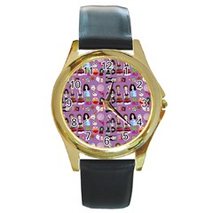 Drawing Collage Purple Round Gold Metal Watch