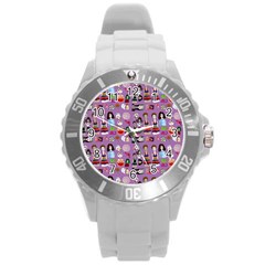 Drawing Collage Purple Round Plastic Sport Watch (l) by snowwhitegirl