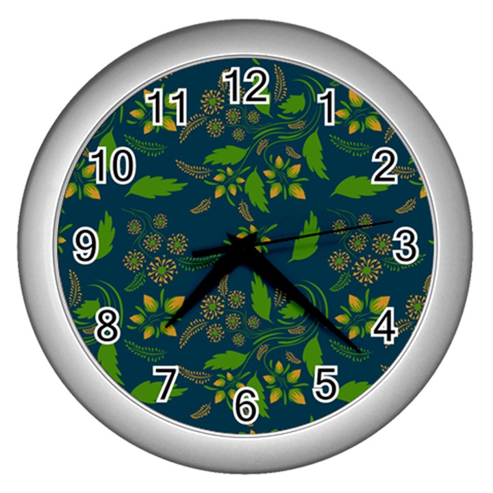 Folk floral art pattern. Flowers abstract surface design. Seamless pattern Wall Clock (Silver)