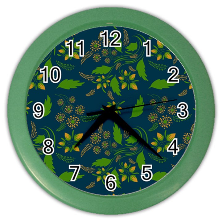 Folk floral art pattern. Flowers abstract surface design. Seamless pattern Color Wall Clock