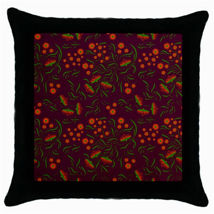 Folk floral art pattern. Flowers abstract surface design. Seamless pattern Throw Pillow Case (Black)