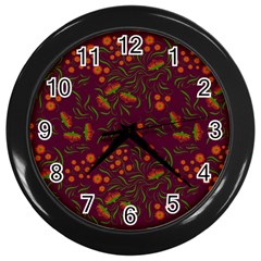 Folk Floral Art Pattern  Flowers Abstract Surface Design  Seamless Pattern Wall Clock (black) by Eskimos