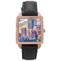 Akihabara Zone Urban Scene Tokyo Japan Rose Gold Leather Watch  by dflcprintsclothing