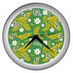 Folk Flowers Art Pattern Floral Abstract Surface Design  Seamless Pattern Wall Clock (silver) by Eskimos