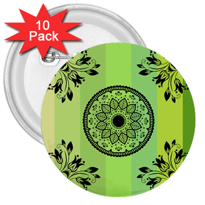 Green Grid Cute Flower Mandala 3  Buttons (10 pack) 